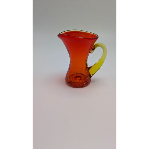 Vintage Art Glass Miniature Pitcher Crackle Finish Yellow Handle - Picture 3 of 8